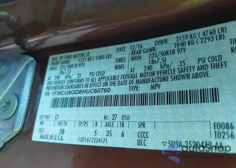 2017 Ford Escape Se из США, поврежденный, VIN 1FMCU9GD8HUC60760